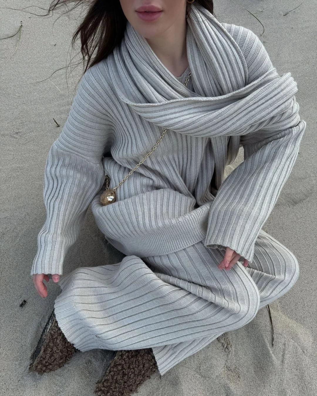 maoxiangshop - Knit Sweater Pants Set With Scarf Women Loose V-neck Long Sleeve Pullover Elastic Wide Leg Trouser Set 2024 Autumn Lady Outfits