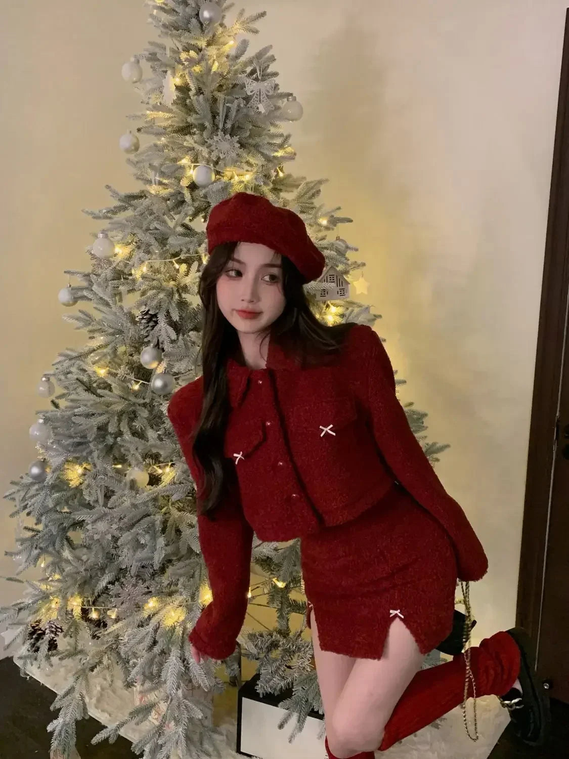 maoxiangshop - New Year's Robe Red Skirt Set Autumn/Winter Christmas Dress Up High End Sweet Short Coat Mini Skirt Two Piece Set Women Outfits