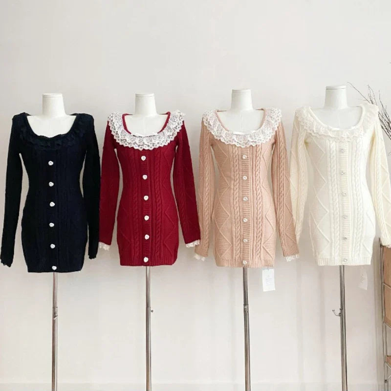 maoxiangshop Autumn Elegant Slim Knitting Lace Dress Women Sexy Bodycon Y2k Mini Dress Casual Short Party Korean Fashion Dress Design