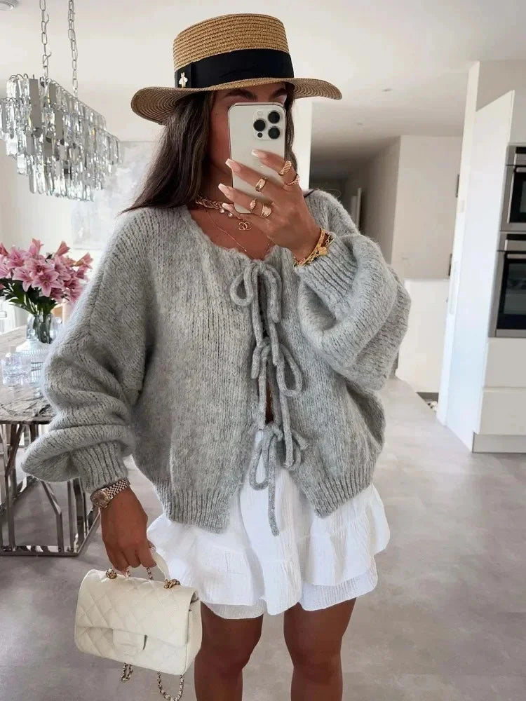 maoxiangshop - Fashion Lace Up Bow Knitted Cardigan Woman O Neck Long Sleeve Hollow Out Sweater Coat Autumn Female Casual High Street Knitwear