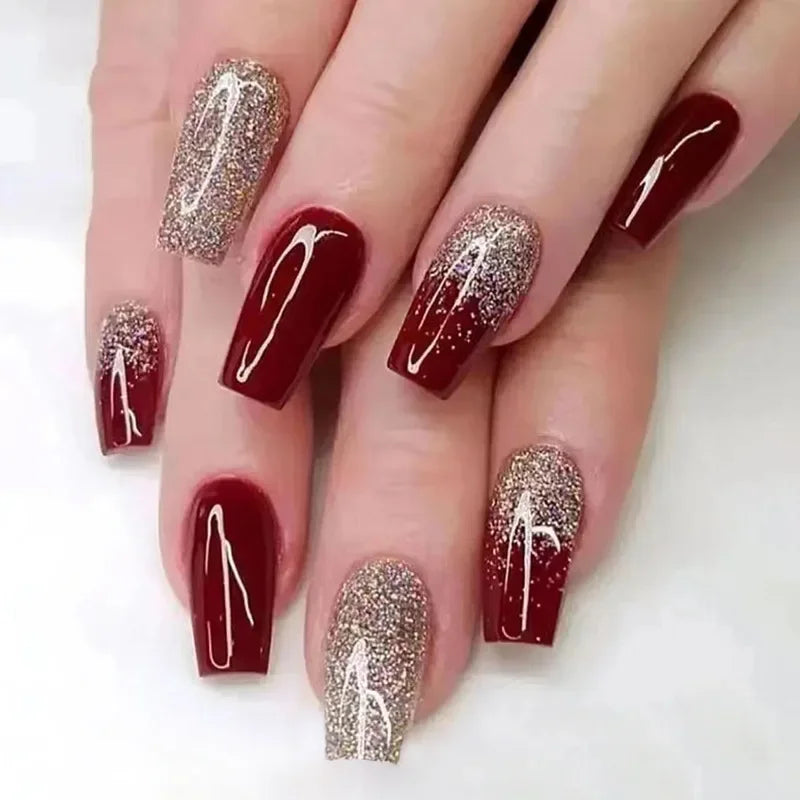 maoxiangshop 24pcs Long Coffin Purple False Nails Ballet Simple Glitter with Glue French Design Wearable Fake Nails Artificial Nail Tips