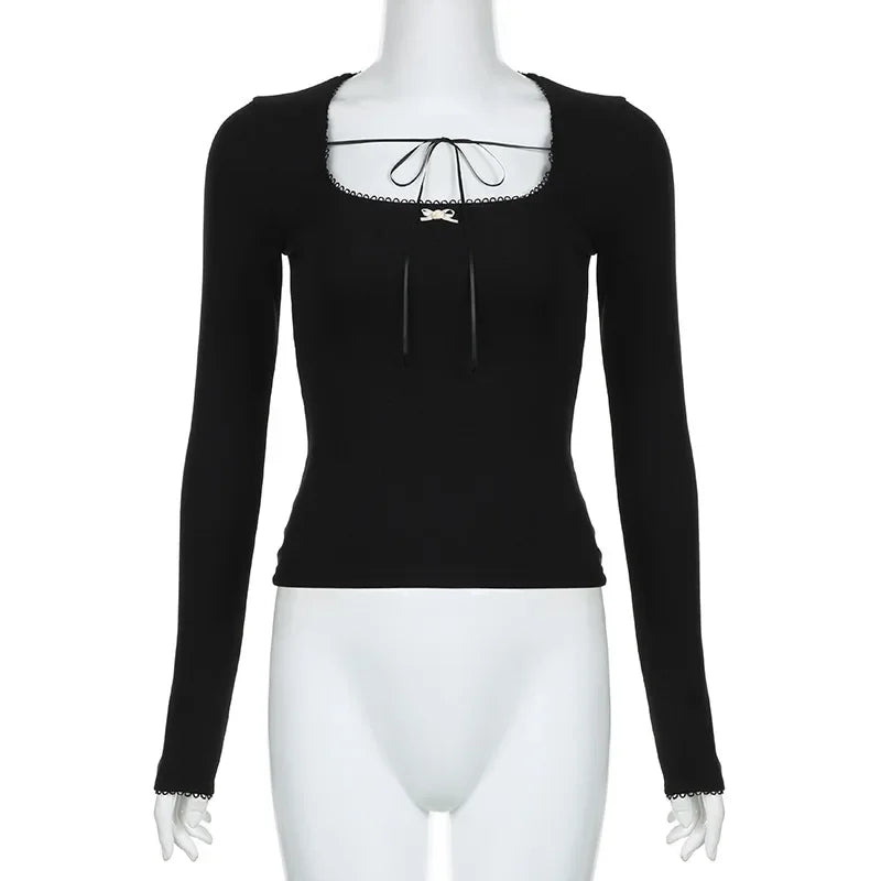 maoxiangshop Women Draw-string Bandage Round Collar Crop Tops Autumn Long Sleeve Lace Up T Shirt Casual Simple Basic T-shirts