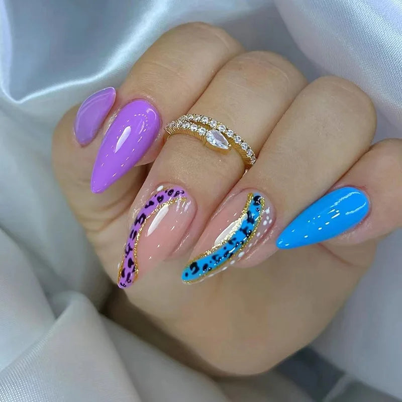maoxiangshop 24Pcs Blue Flower False Nails Almond Cute Heart with French Design Detachable Fake Nails Artificial Press on Nails Tips Art