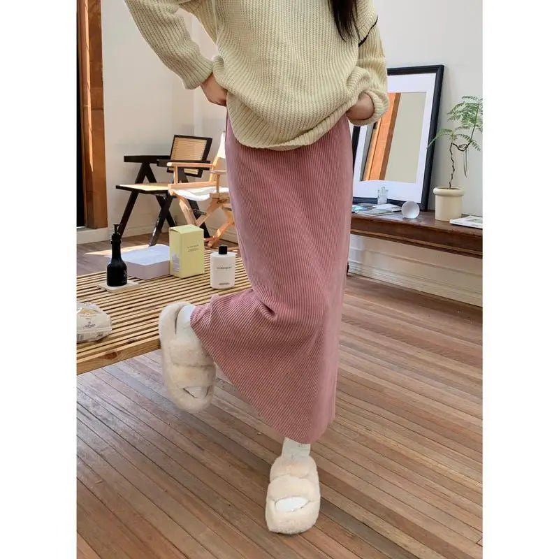maoxiangshop Corduroy Midi Skirts Women Casual Solid Elegant Harajuku Lovely Females College Warm A-line Elastic High Waist Korean Fashion