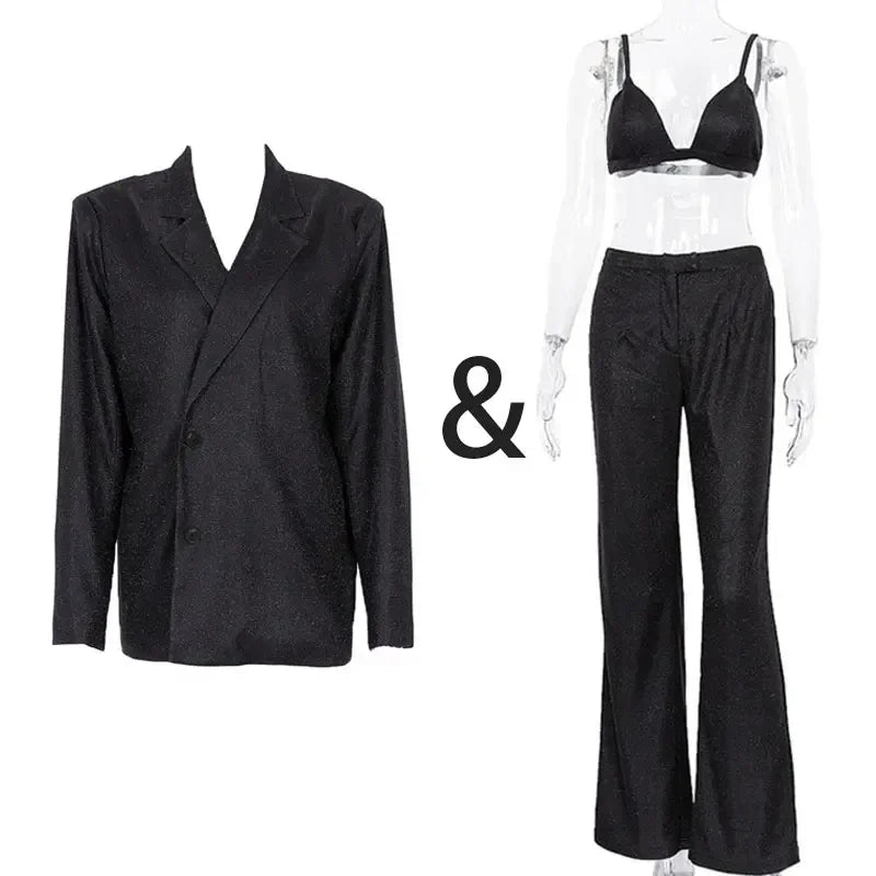 Sliver Sparkly OVersized Blazer Sets For Women Suit Ladies Casual Glitter Coat And Pants Sets Blazer Femme Mujer Party