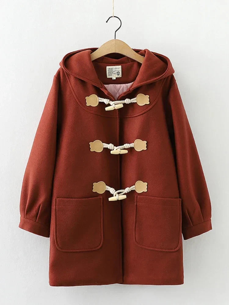 Purple Solid Warm Wool Blends Long Hooded Coat Straight Women Horn Button Casual Female Warmness Outwear