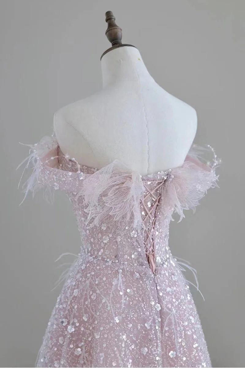 maoxiangshop Luxury Pink feather Prom dresses women advanced light luxury a word shoulder fairy Evening dress high-end party gown