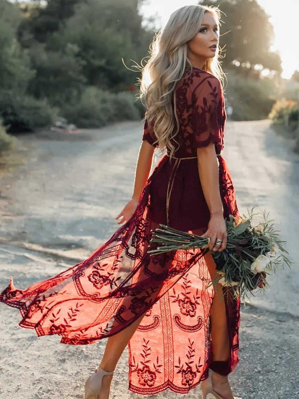 Women Summer Dresses V-Neck Short Sleeve High Waist Slit Lace Perspective Maxi Dress Sexy Beach Prom Robe(no lining)