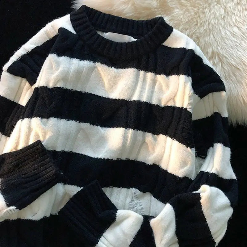 maoxiangshop Striped Retro Couple's Sweater Men's Autumn and Winter Design Sense Niche Thread Clothing Trend Brand Ins Loose Knit Sweater