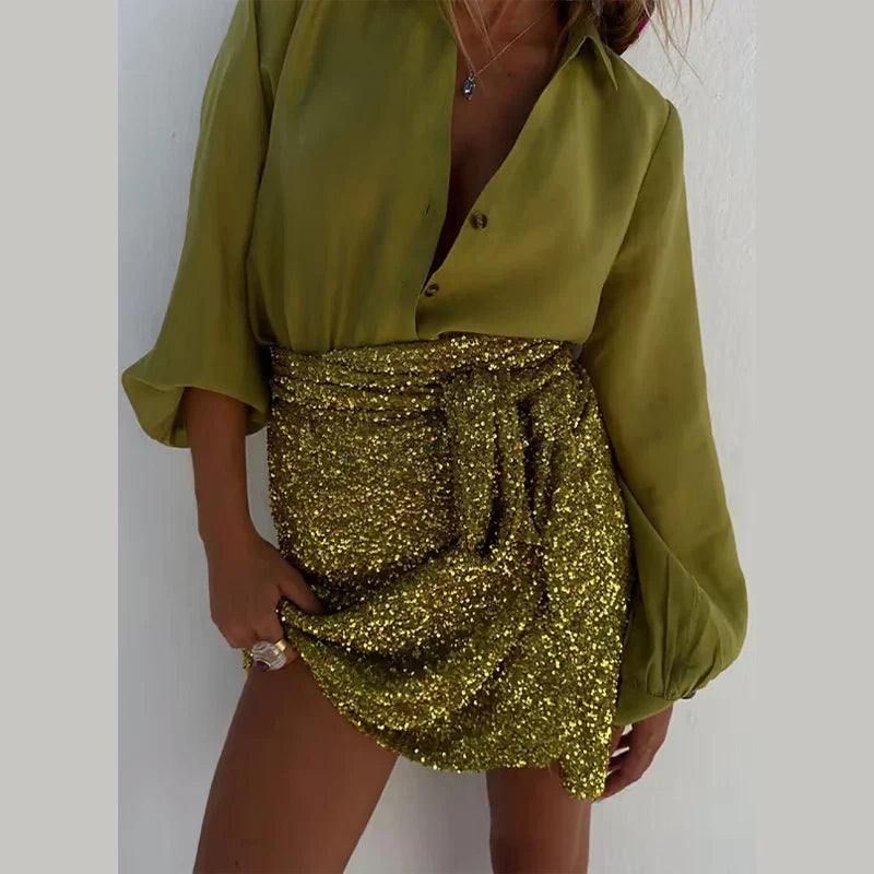 maoxiangshop - Sequin Glitter Knotted Mini Skirt Women Fashion Evening Party Split Bodycon Skirts Female Chic 2024 Autumn Colorful Club Robe