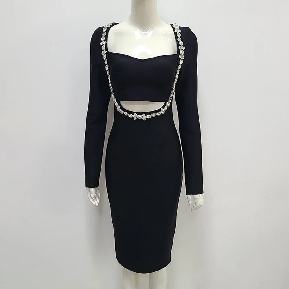 maoxiangshop New Summer Women's Black Long sleeved Luxury Diamond Hollow Tight and Sexy Celebrity Cocktail Party Bandage Dress