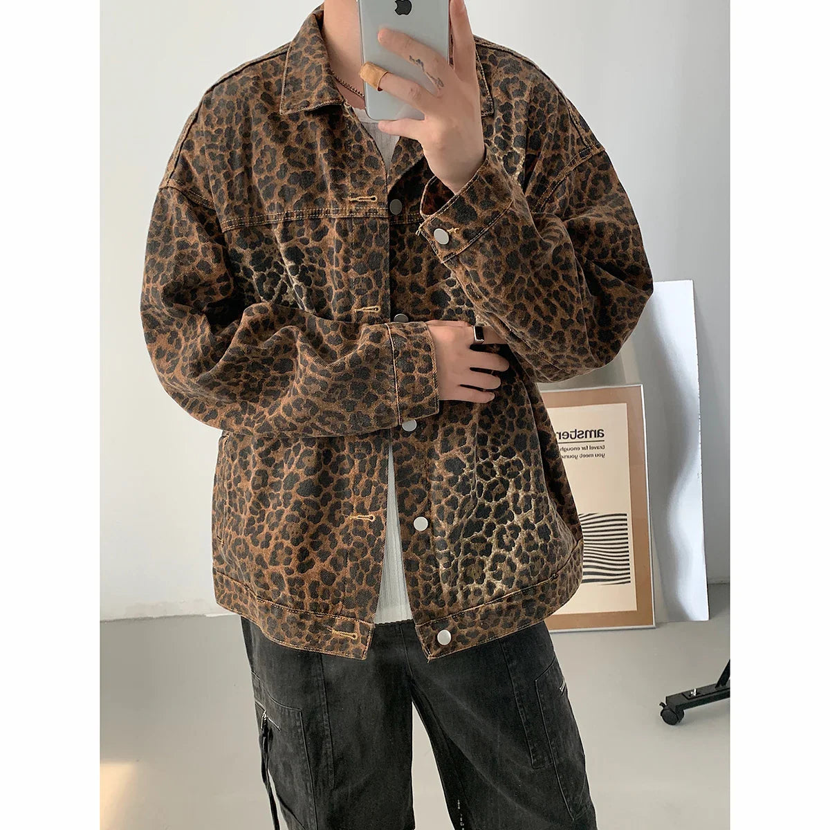 maoxiangshop Hip Hop Men's Vintage Leopard Print Denim Jackets Autumn Fashion Lapel Collar Zipper Jacket Coat Holiday Jackets Streetwear