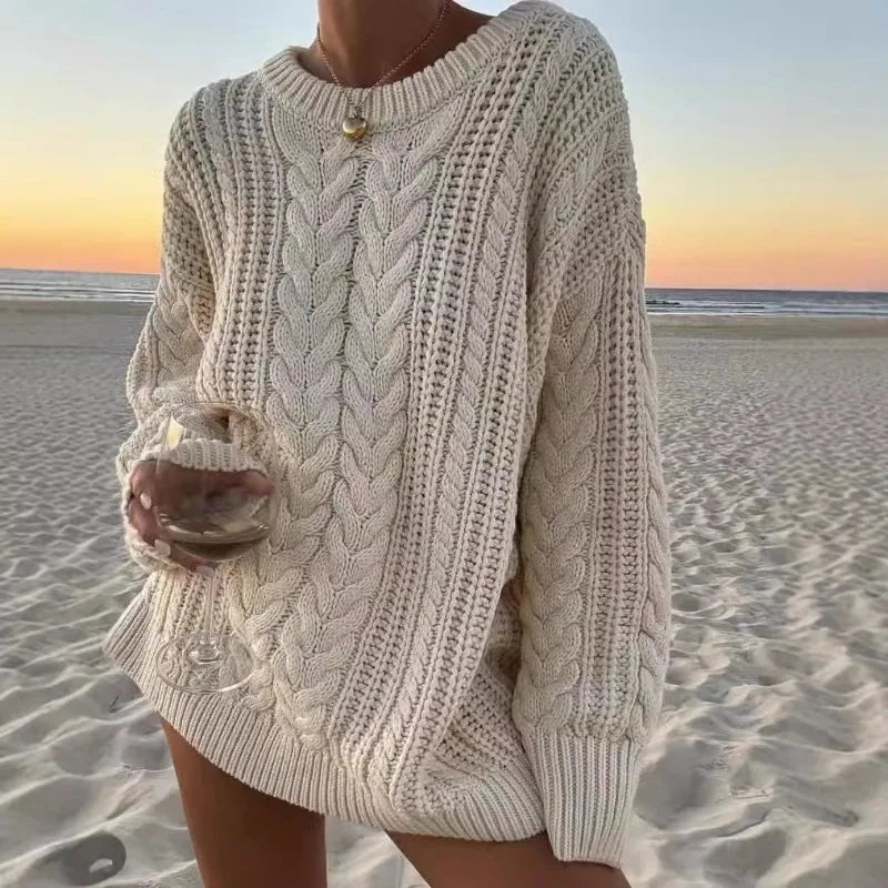 maoxiangshop - Women's Loose Sweater Autumn O-neck Twist Casual Sweater Solid Color Long Sleeve Pullover Women's Knitted Sweater Street