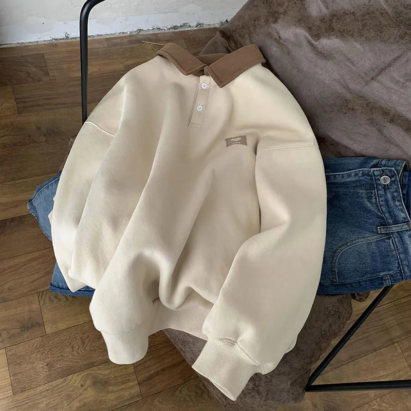 maoxiangshop Polo Collar Hoodies Heart Pattern Women Sweatshirt Thick Warm Autumn Vintage Female Hoodies Casual Long Sleeve Oversized Tops
