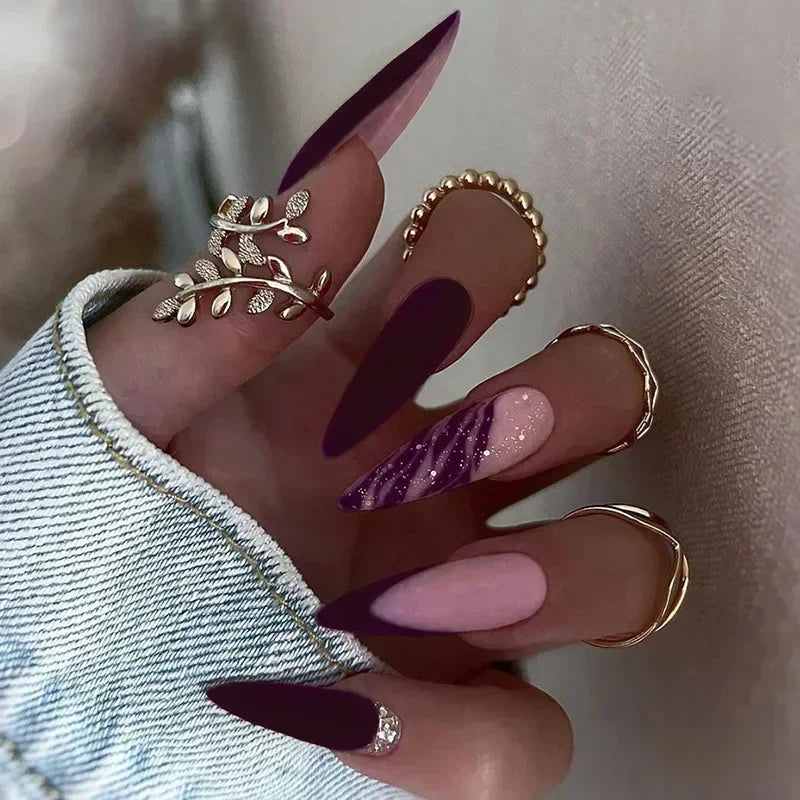 maoxiangshop 24Pcs False Nails With Glue Almond Pink Butterfly Design Detachable Rhinestones Acrylic Fake Nails long stiletto Press On Nails
