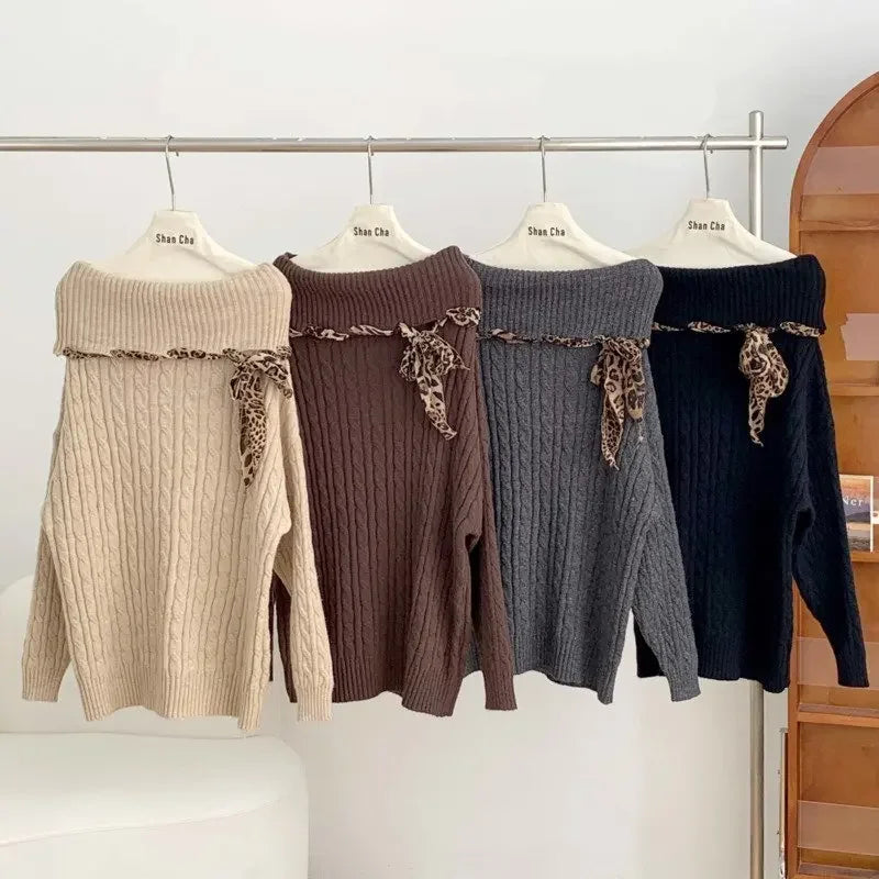 maoxiangshop - 2024 Autumn Woman's Tops Sweet Korean Bow Harajuku Soft Sweater Pullover Y2K Off The Shoulder Fashion Casual Loose Knitwear Top