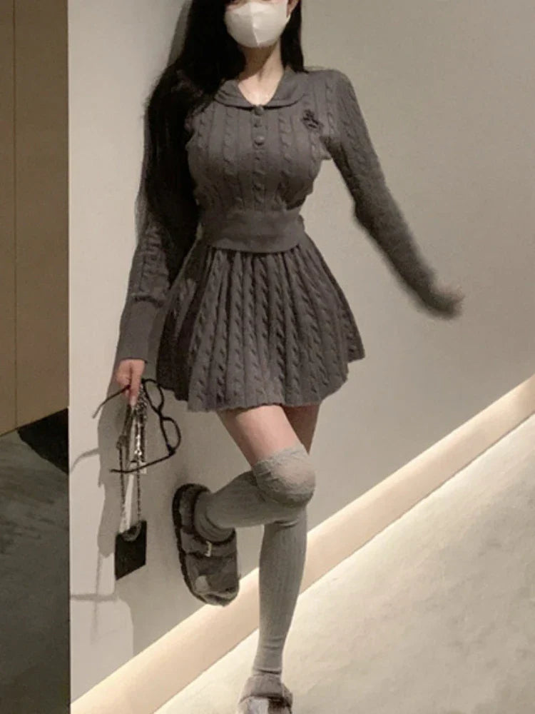 maoxiangshop1 Autumn Preppy Style Knitted Clothing Suit Woman Slim Kawaii Swearter Tops Casual Y2k Mini Skirt Woman Fashion 2 Piece Set