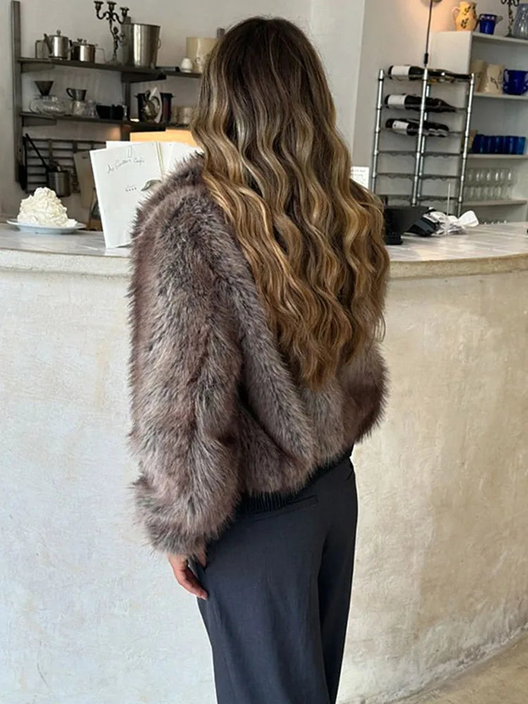 maoxiangshop - Elegant Faux Fur Zipper Coat Women Thicken Solid Full Sleeve Short Jacket Female 2024 Autumn Winter Fashion Slim Coat Lady