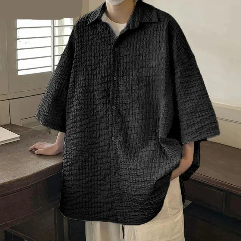 maoxiangshop Handsome Well Fitting Tops New Men's Loose Pleated Design Shirts Casual Streetwear Male Short Sleeved Blouse S-5XL 2024