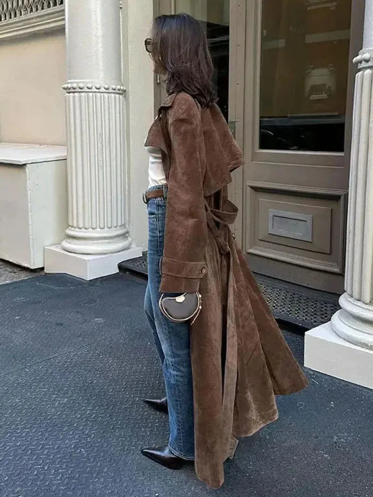 maoxiangshop - Female Retro Jacket Elegant Brown Belted Waist Long Coat Double Breasted High Street Autumn Fashion Full Sleeve Outwear