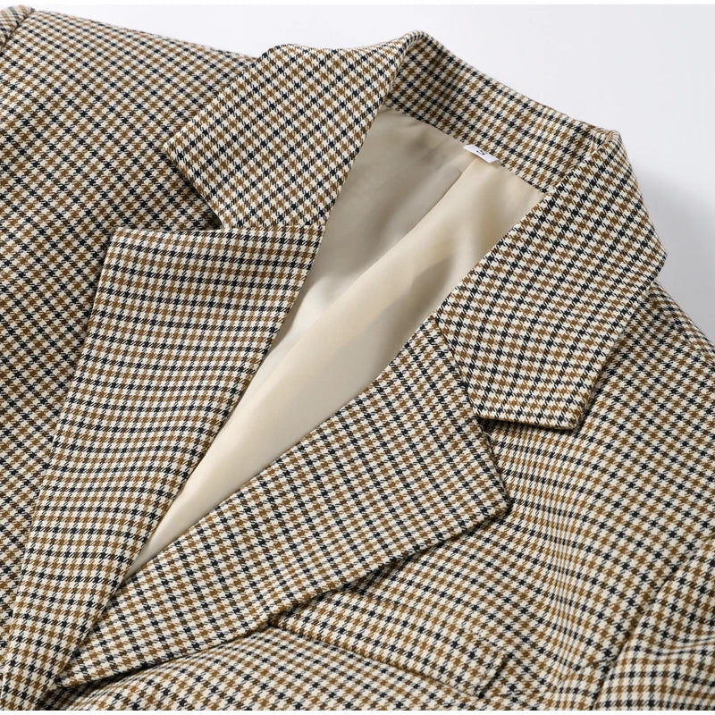 maoxiangshop - Plaid Coat Women Belt Autumn Winter Slim Lapel Buttons Pockets Outerwear Female Long Sleeve Vintage Jacket Lady High Street Chic