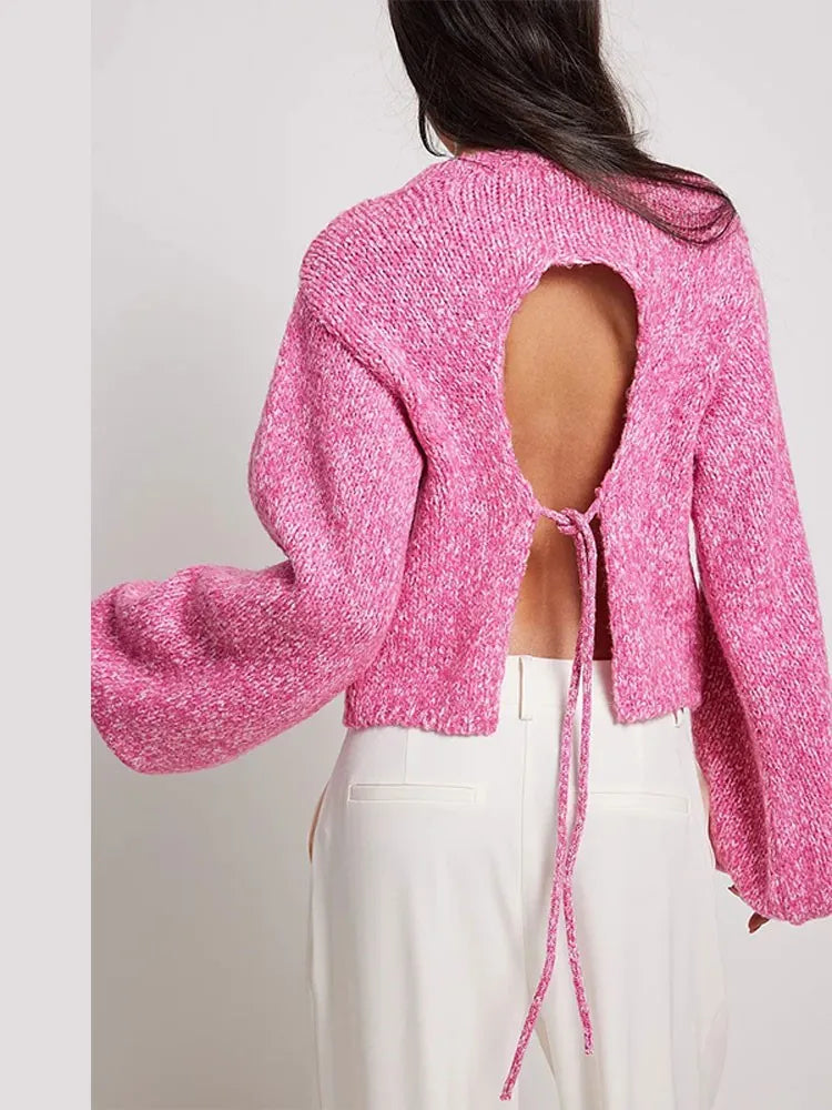 Solid Knit O-neck Back Cut Out Sweaters Women Oversized Lace-up Long Sleeve Crop Top 2023 Autumn Sexy Highstreet Cloth Knitwear