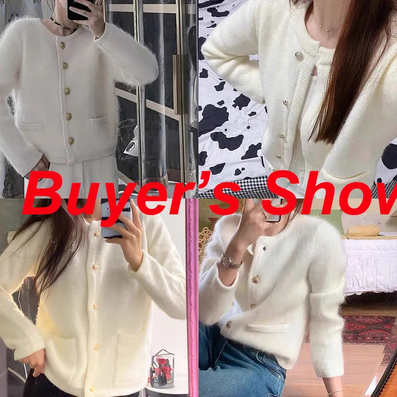 maoxiangshop Elegant Knitted White Jacket Women Round Neck Autumn Winter Fuzzy Cardigan Woman New Long Sleeve Sweater Jacket