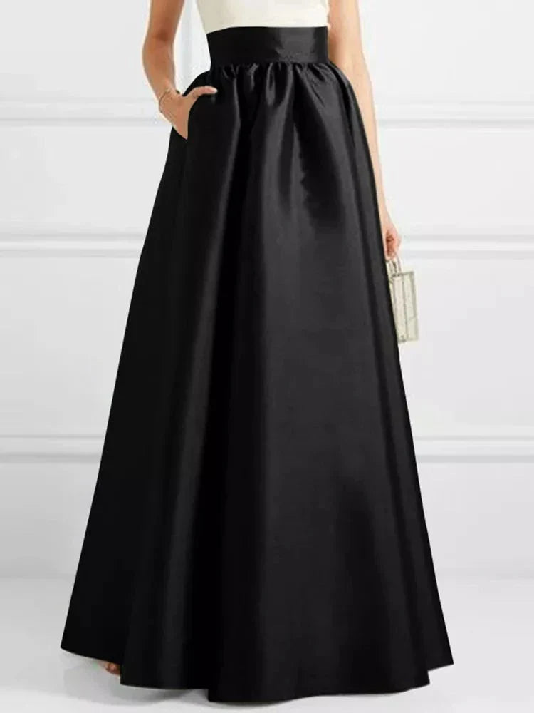 maoxiangshop Women Autumn Satin Skirt New A-line Floor Length Solid Color High Waist Dress Elegant Vintage Casual Oversized Long Robe