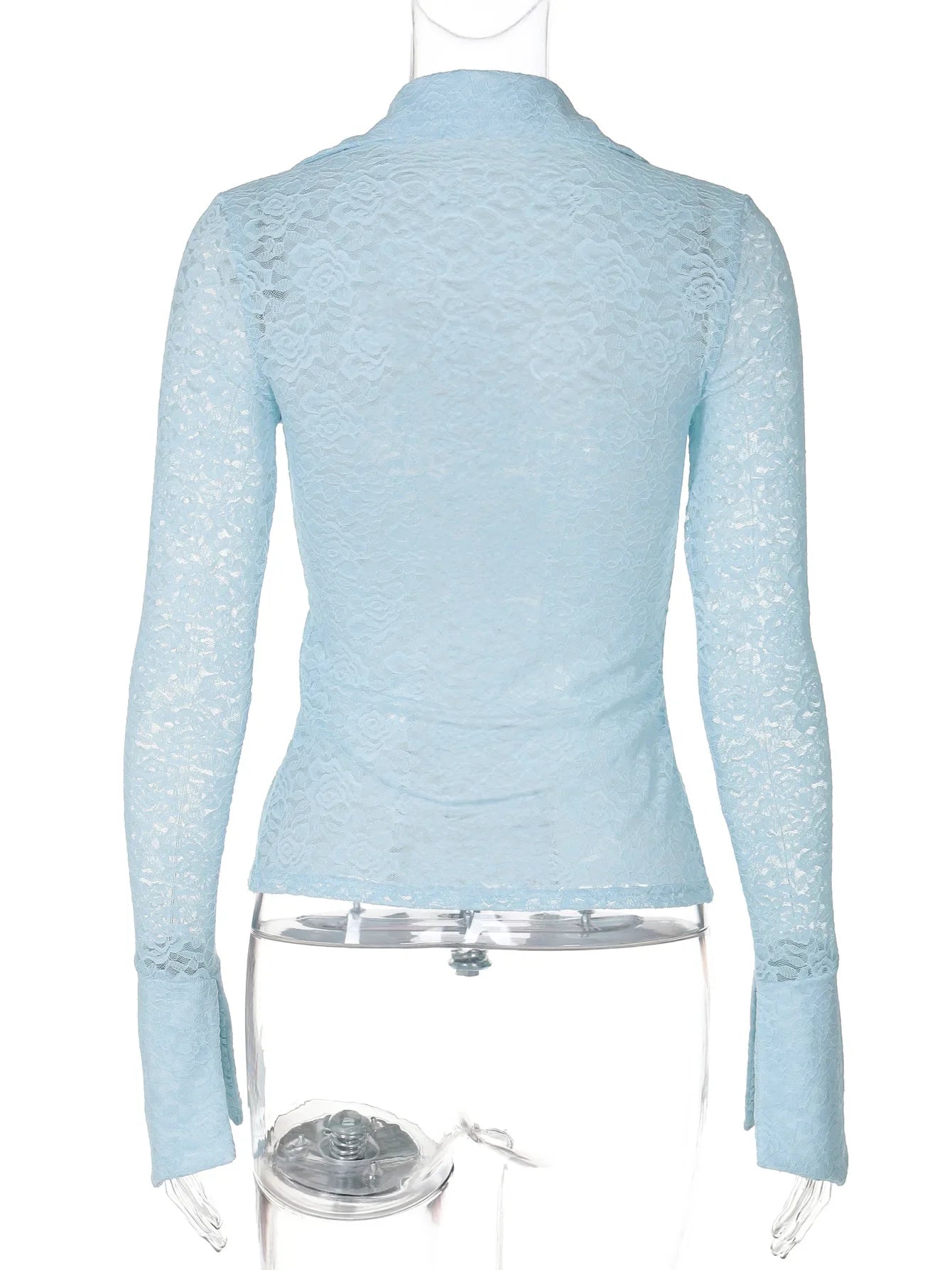 maoxiangshop - 2024 Autumn Women Solid Lace Shirts Fashion Turn Down Collar Flare Long Sleeve Single Breasted Slim Tops Casual Streetwear