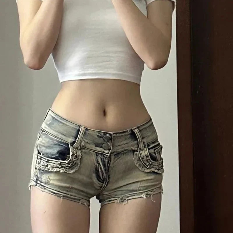 Y2K Slim Fit Denim Shorts Women American High Street Hot Sweet Low Waist Shorts Summer Fashion Retro Hip Hugging Jeans