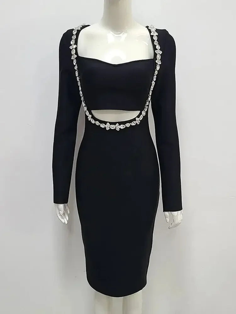 maoxiangshop New Summer Women's Black Long sleeved Luxury Diamond Hollow Tight and Sexy Celebrity Cocktail Party Bandage Dress