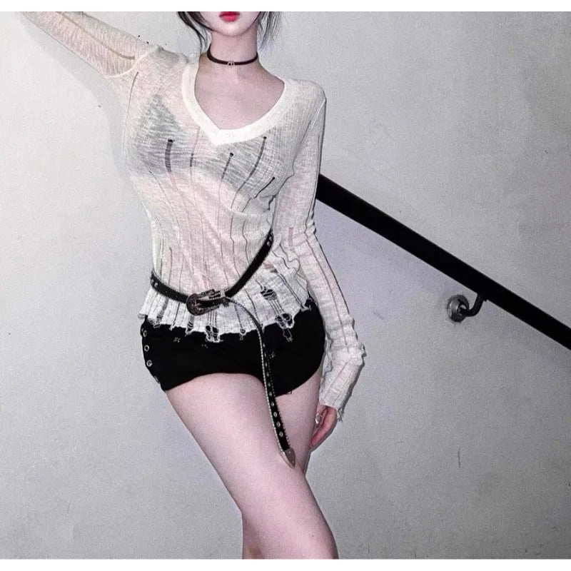 maoxiangshop Coquett Y2K Women's Knit Sweater Hollow Out Knitwear V Neck Pullovers Spring See Through Jumper Harajuku Fashion Grunge