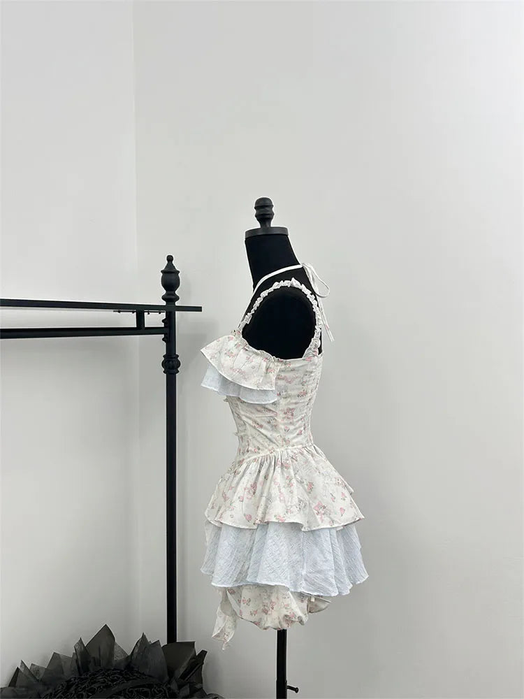 maoxiangshop Summer Women Korean Vintage Ballet Core 2000s Party Rave Y2k Outfits 2 Piece Set Mori Girl Floral Fairy Dress + Cute Mini Shorts