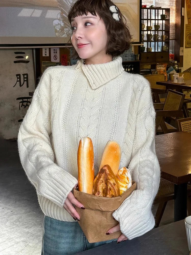 maoxiangshop - Irregular Neckline Fried Dough Twists Sweater Women's Autumn And Winter Temperament Semi High Collar Short Knitting Top