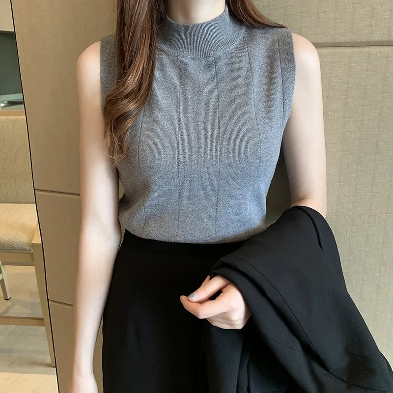 maoxiangshop Spring Women Knitted Green Tank Tops Women Thin Tops Basic Casual Tank Tops O-neck Tees Sleeveless Tops For Women