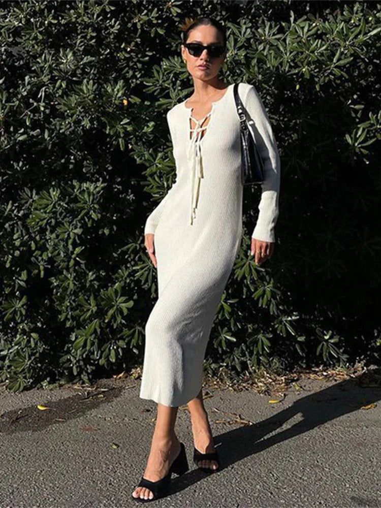 maoxiangshop - Women Sexy Lace Up Long Knit Dresses Trend Solid Hollow Out Bodycon Sweater Dress Autumn Winter Ladies Chic Knitted Clothes