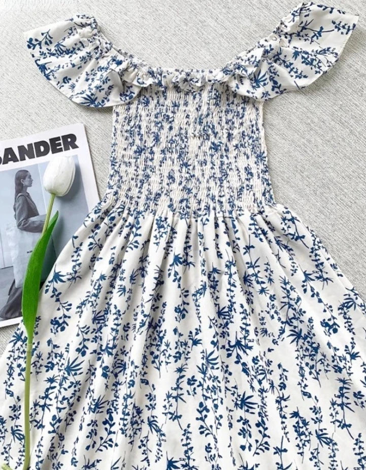 maoxiangshop Vintage Sexy Slash Neck Flying Sleeve Printing Floral Bodycon Dresses for Women Beach Sleeveless Dress Korea Fashion Summer