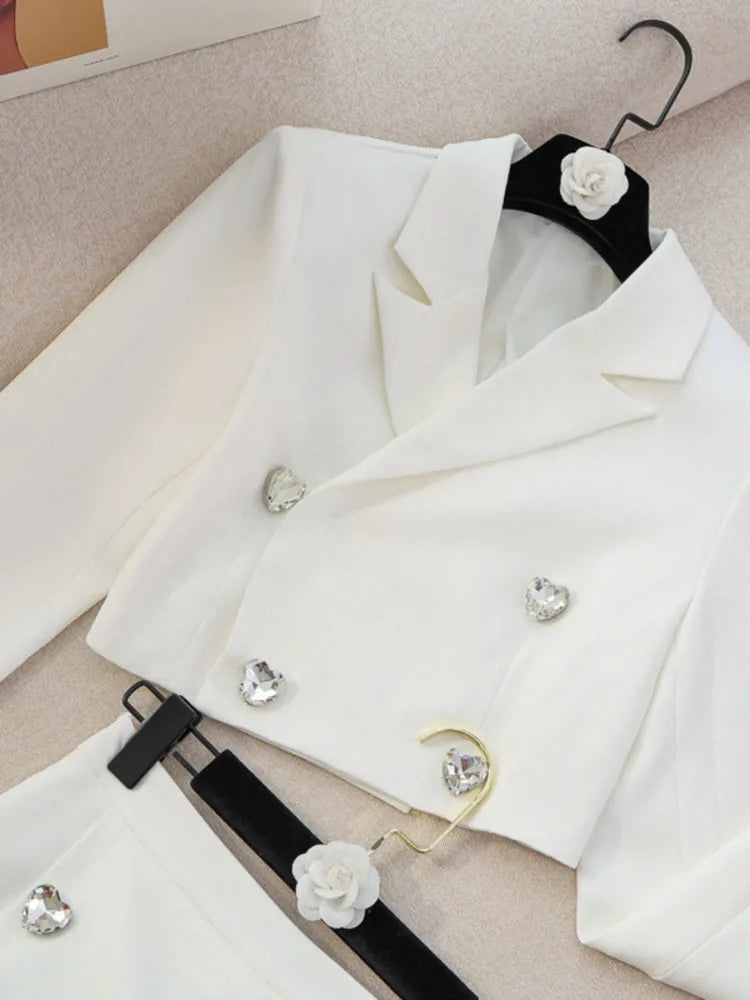 Autumn Small Fragrance Two Piece Set Women Crop Top Short Blazer Coat + High Waist Shorts Sets High Street 2 Piece Pant Suits