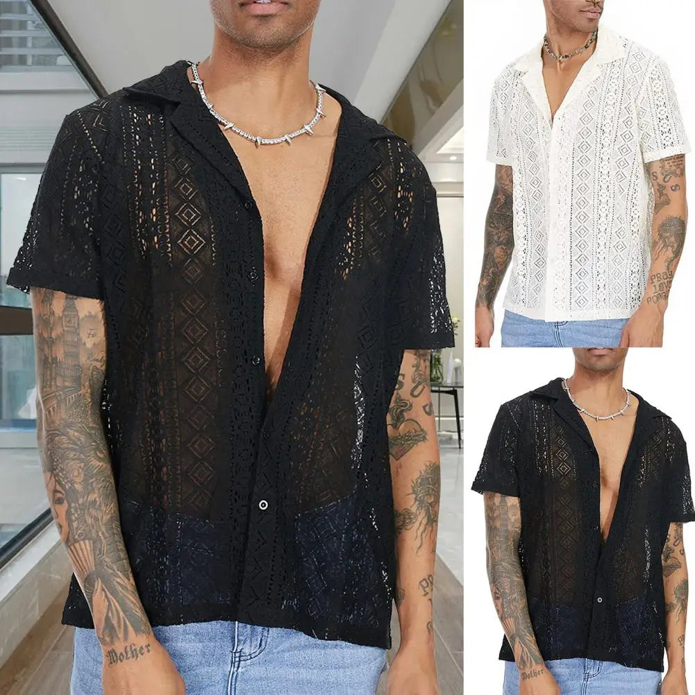 maoxiangshop Stylish Men T-shirt Mid-length Solid Color Soft Breathable See-through Men Shirt Men Shirt Daily Wear
