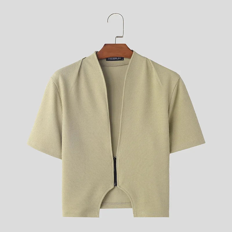 maoxiangshop 2024 Men Shirt Solid Color V Neck Short Sleeve Zipper Streetwear Men Clothing Stylish Casual Irregular Crop Tops S-5XL