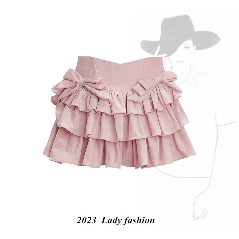 maoxiangshop Pink Kawaii Skirt Women Ruffle Patchwork Layered Bow High Waist Cute Mini Skirt Shorts Harajuku Japanese Style Soft Girl
