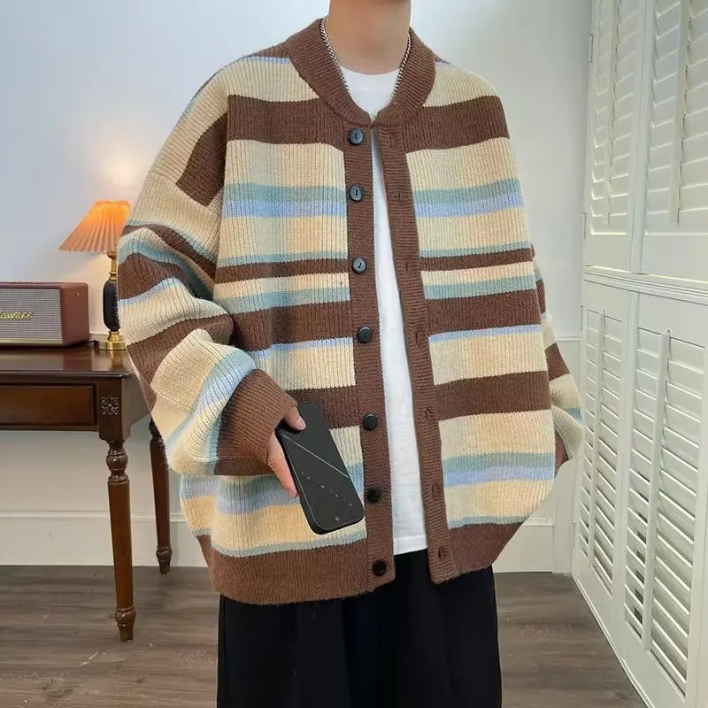 maoxiangshop Vintage Cardigan Men Autumn Striped Harajuku Baggy Streetwear Cozy Contrast Color Daily Japanese Style Versatile Couple Tender