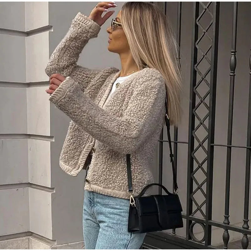 maoxiangshop - Fashion Lamb Wool Women Short Coats O-neck Long Sleeve Single Breasted Jackets Female Autumn Winter Office Lady Commuting Coat