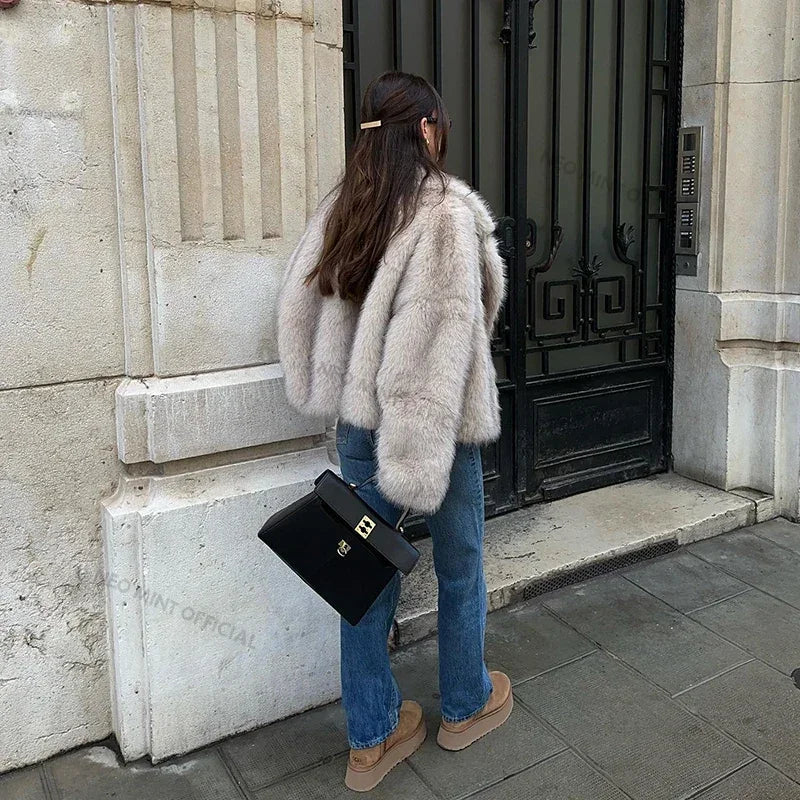 maoxiangshop - Mint Chic Street Girls Gradient Faux Fur Jacket Women Winter 2024 Brand Fashion Fluffy Fox Fur Coat Female Luxury Outerwear
