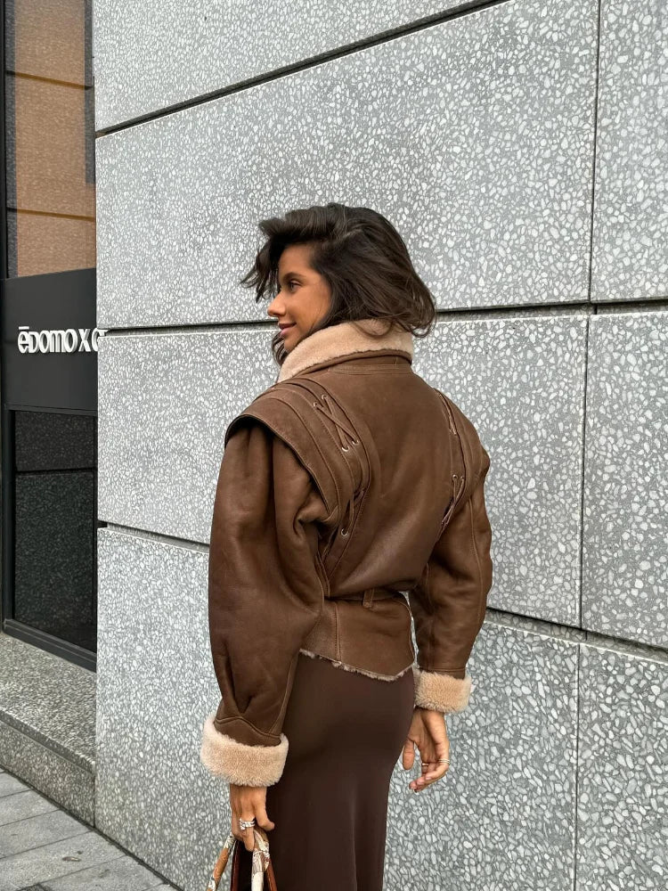maoxiangshop - Fashion Warm Furry Leather Woman Jacket With Belt Chic Lapel Long Sleeve Motorcycle Coat Lady 2024 Winter High Street Outerwear