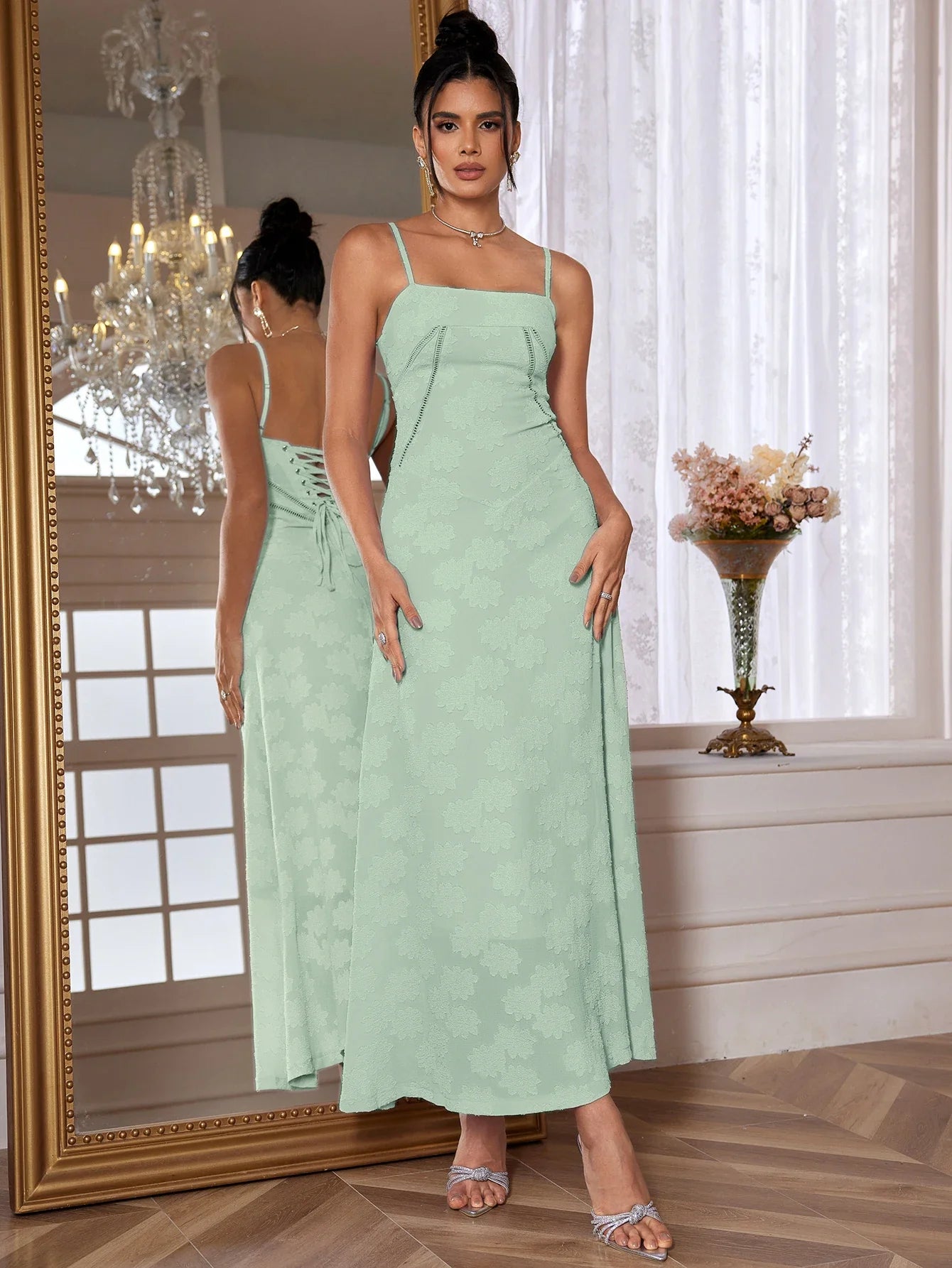 See Through Beach Spaghetti Maxi Dress For Women Plunge Shoulder Floral Mesh Patchwork Long Holiday Dress Femme
