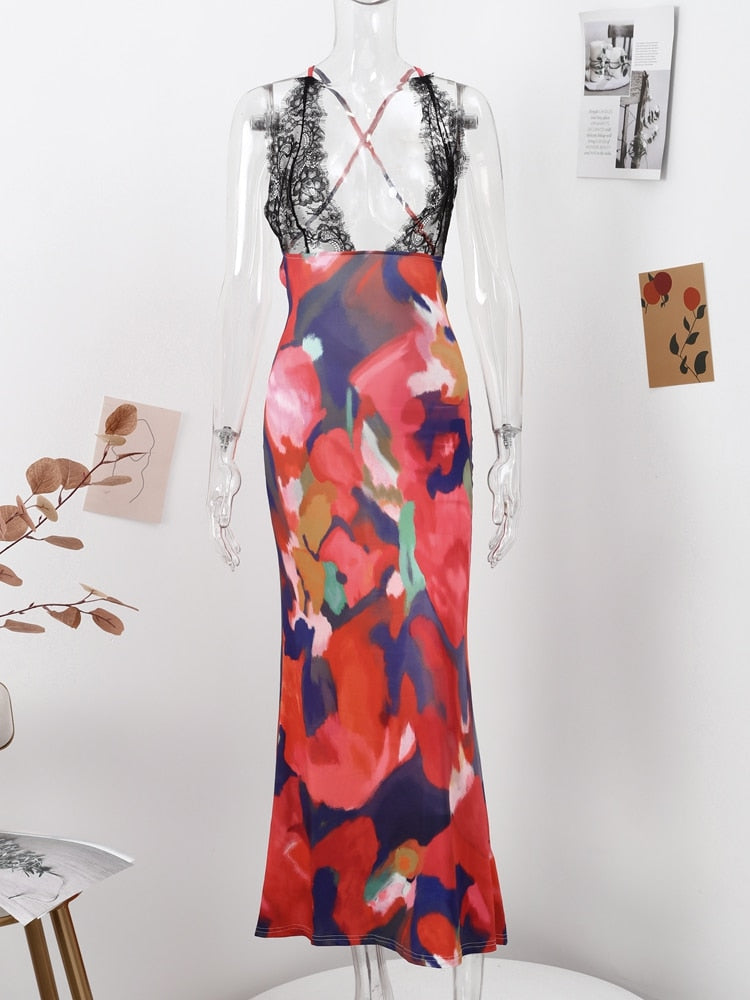 maoxiangshop Elegant Tie Dye Floral Chiffon Dress For Women Summer Sexy Bandage Backless Lace Long Dresses Female Beach Evening Robe