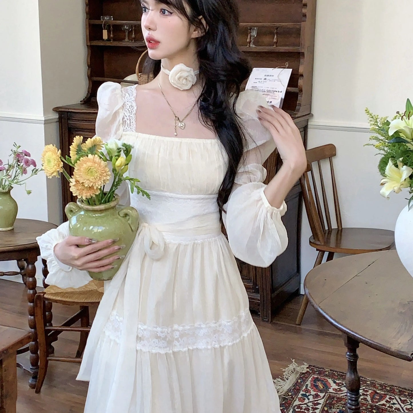 maoxiangshop - Autumn Long Sleeve Elegant Lace Dress Woman French Style Fashion Midi Dress Casual Party Slim One Piece Dress Korean Chic