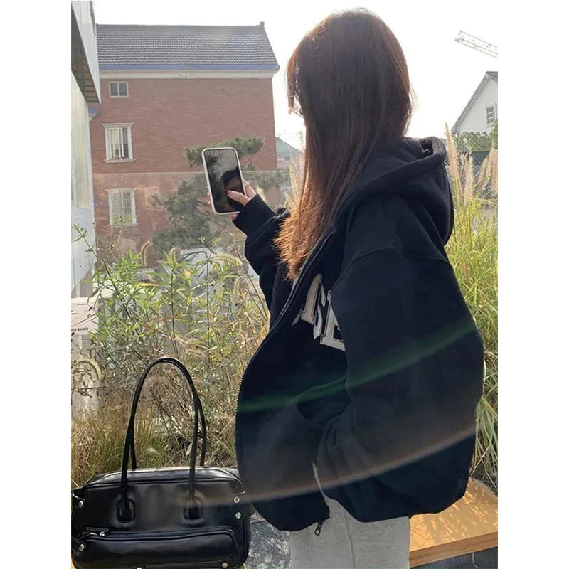 maoxiangshop Streetwear Zip Up Hoodies Women Oversized Letter Print Sweatshirt Harajuku Korean Plus Fleece Thick Casual All Match Tops
