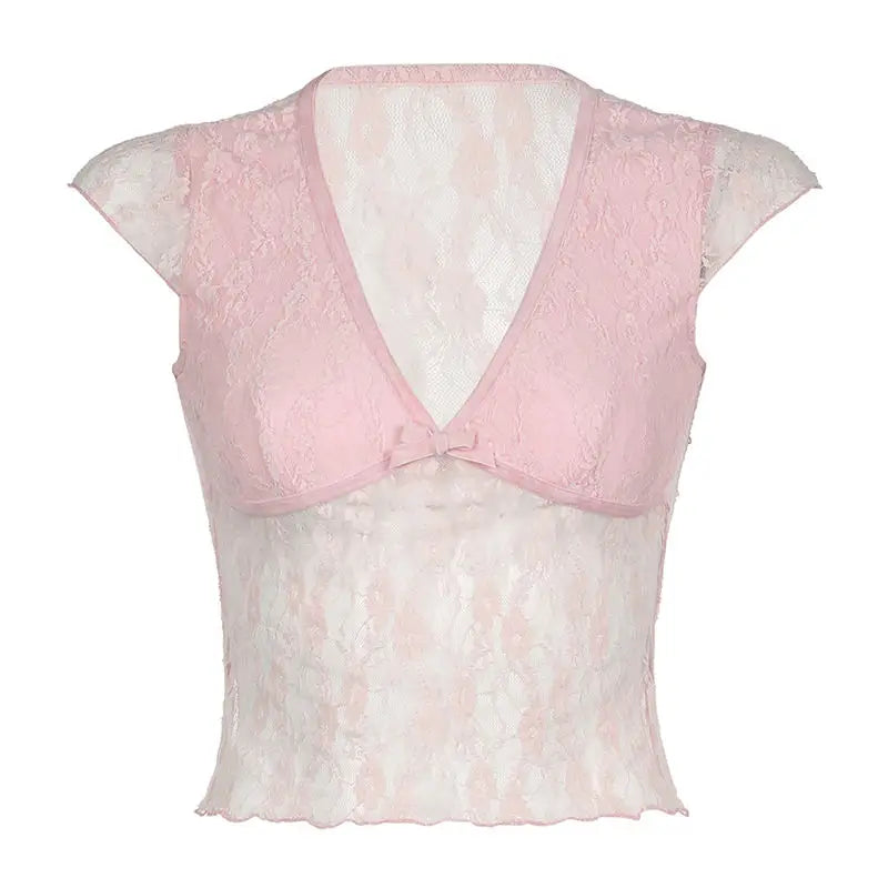 maoxiangshop White Lace T Shirt Women Summer Sexy Bodycon Y2k Crop Tops Streetwear Grunge Aesthetic Korean Fashion See Through